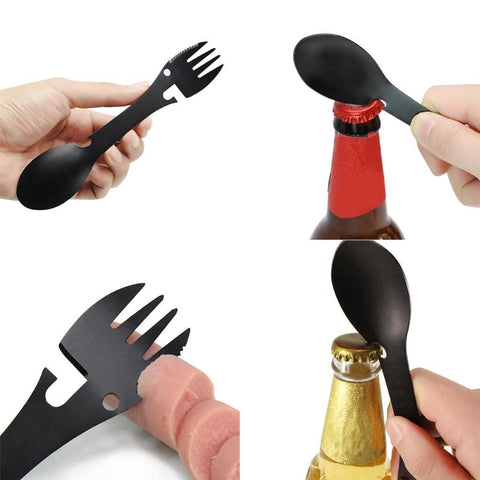 Multifunctional Camping Cookware Spoon Fork Bottle Picnic Stainless Steel Fork Kitchen 5 in 1 Outdoor Camping Knife Can Opener
